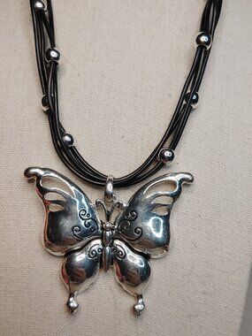 Vintage Silver‑Tone Butterfly Pendant Necklace – Multi‑Strand Black Cord – 18"